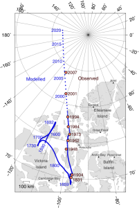 Map showing North Pole movement over time
